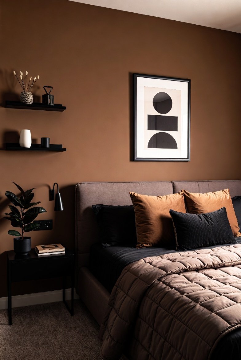 Brown bedroom with black shelves and geometric art