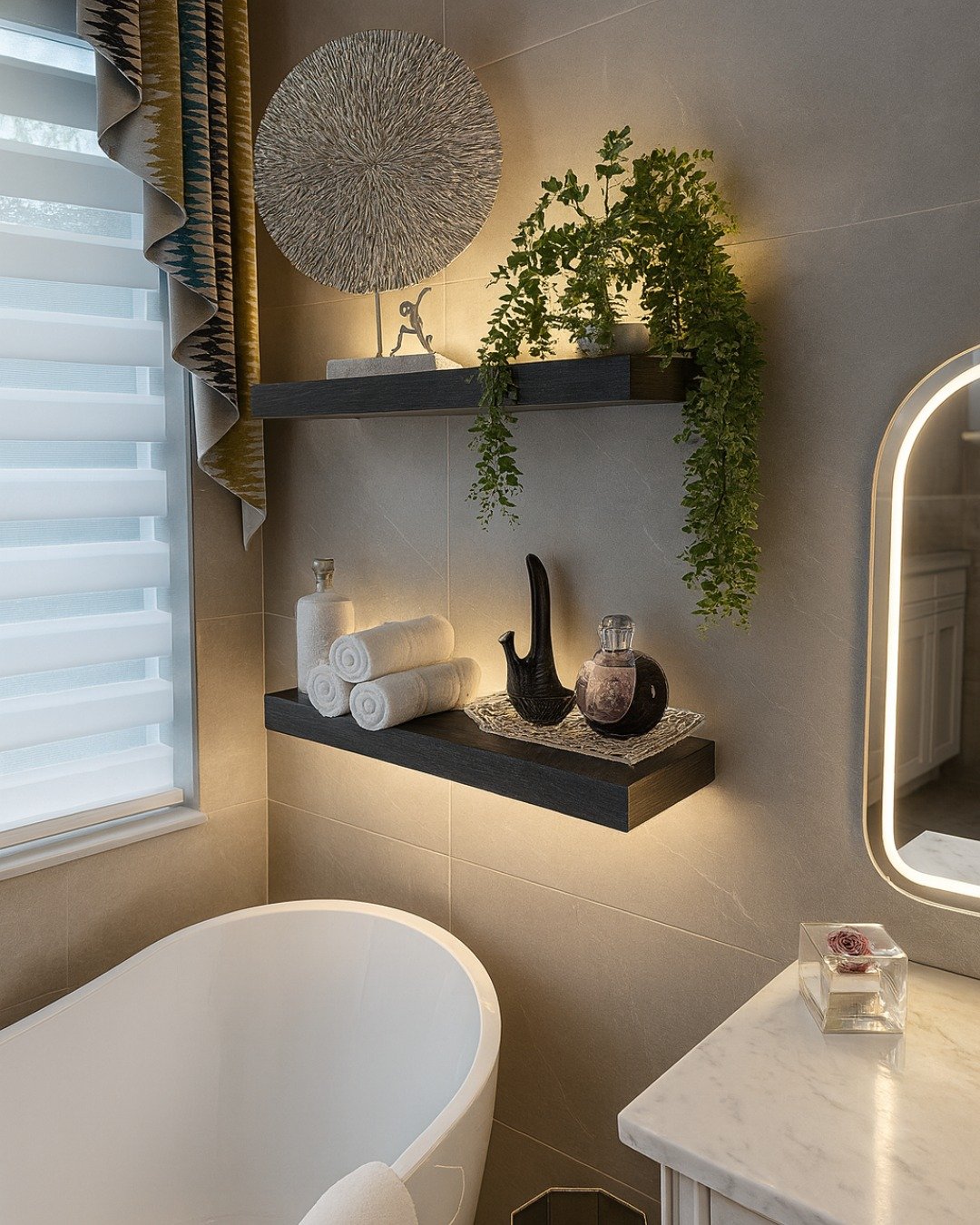 Dark modern floating shelves with built-in backlighting mounted on a grey tiled bathroom wall next to a bathtub.
