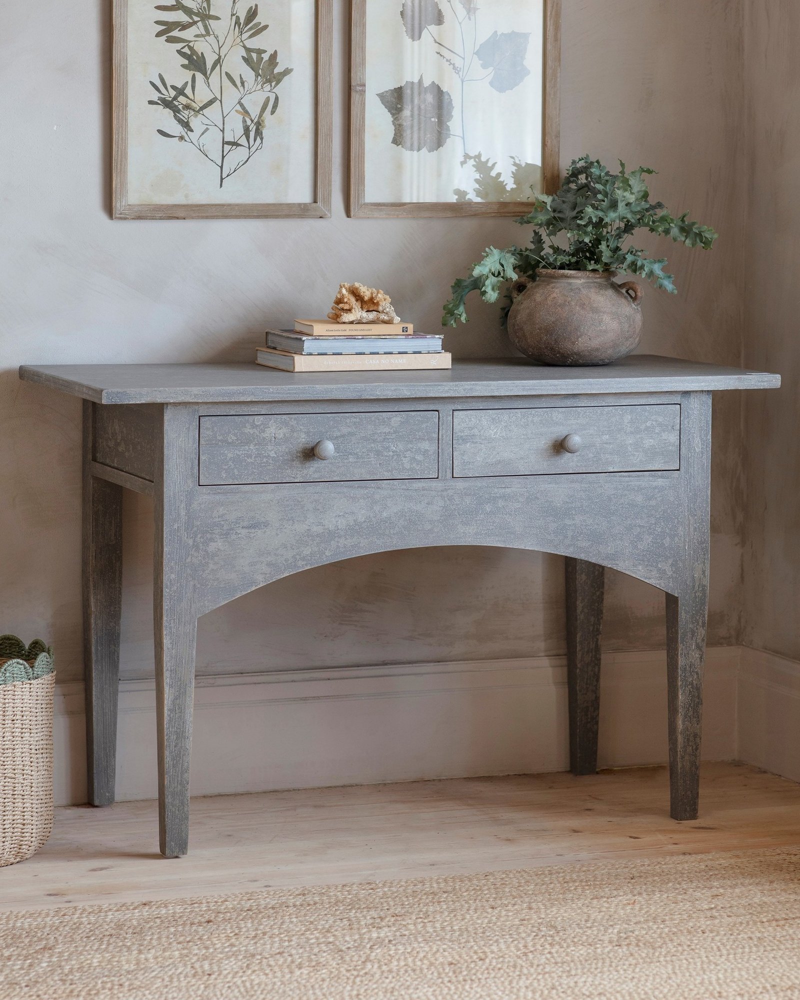 Grey wooden hallway table with two drawers and arched bottom