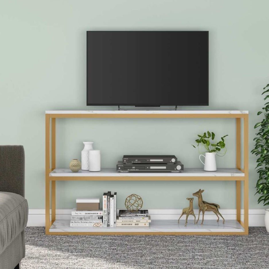 Three-tier gold metal TV table with white marble shelves