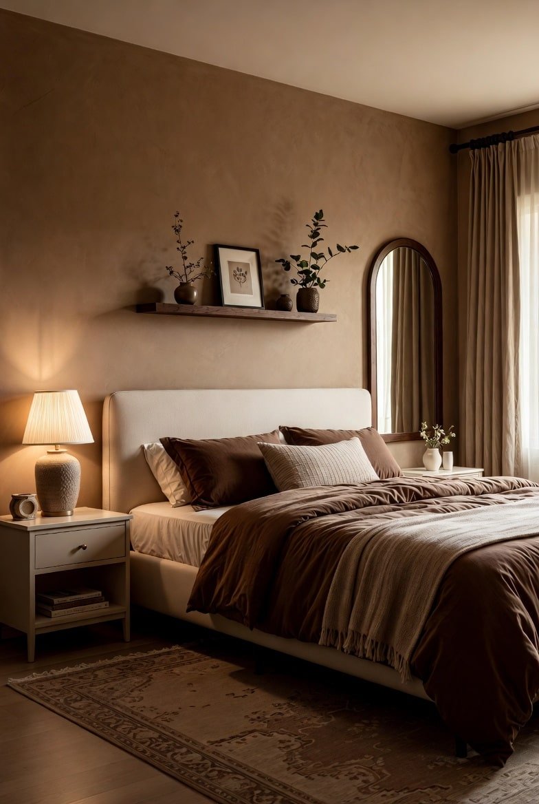 Bedroom featuring textured brown walls, a cream headboard, and chocolate bedding.