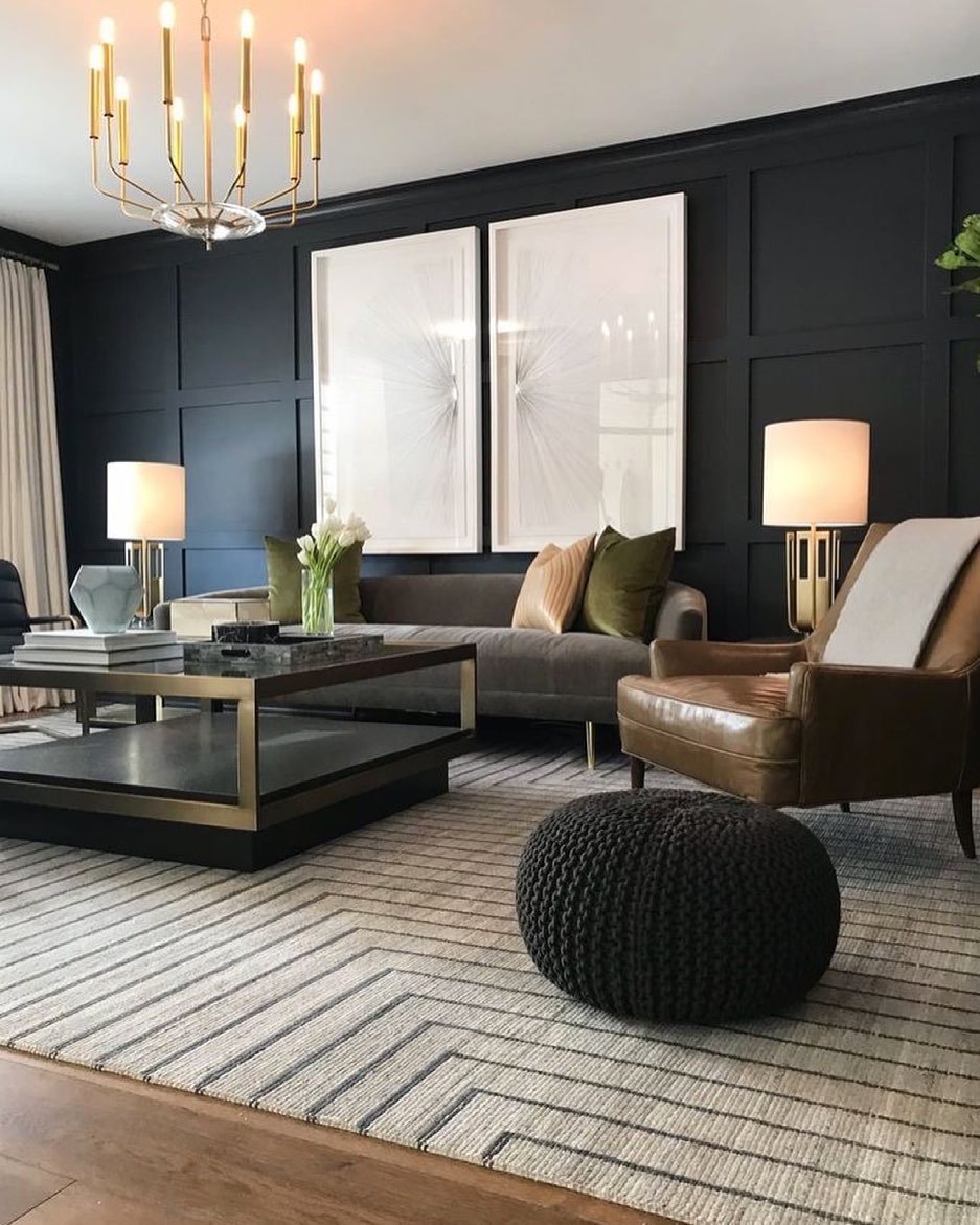 Deep charcoal board and batten accent wall with grid pattern