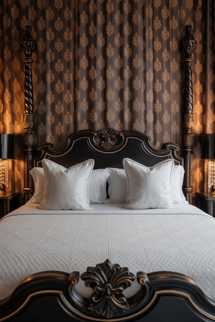 Black ornate four-poster bed with brown patterned backdrop