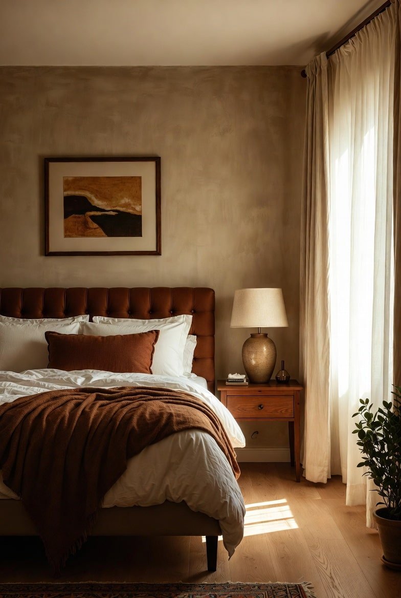 Bedroom with a tufted brown headboard, cream walls, and rust-colored bedding accents.