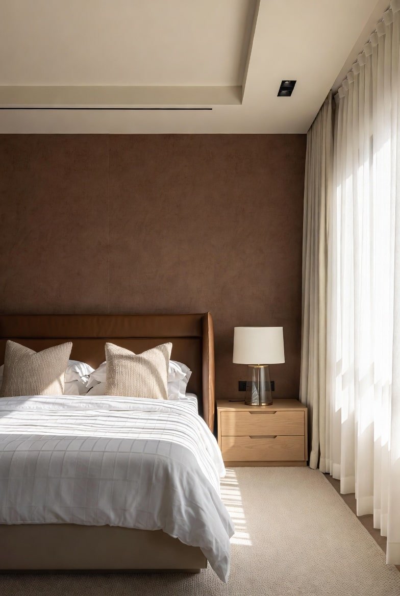 Modern bedroom with dark brown feature wall, tan leather headboard, and floor-to-ceiling cream curtains.
