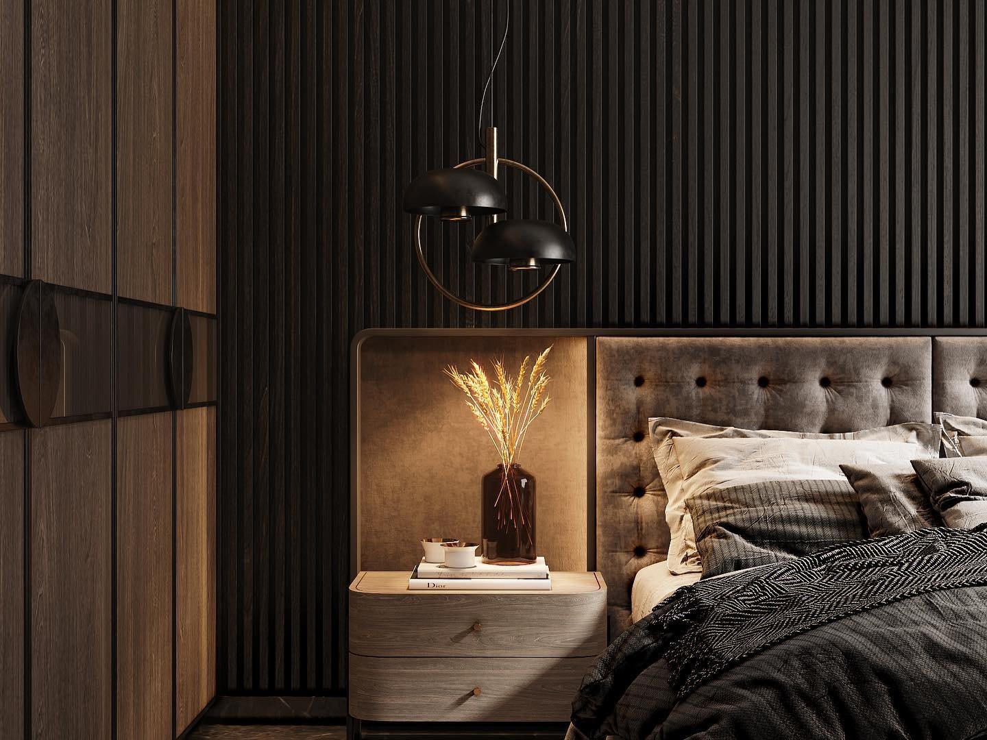 Black slat wall bedroom with modern pendant light