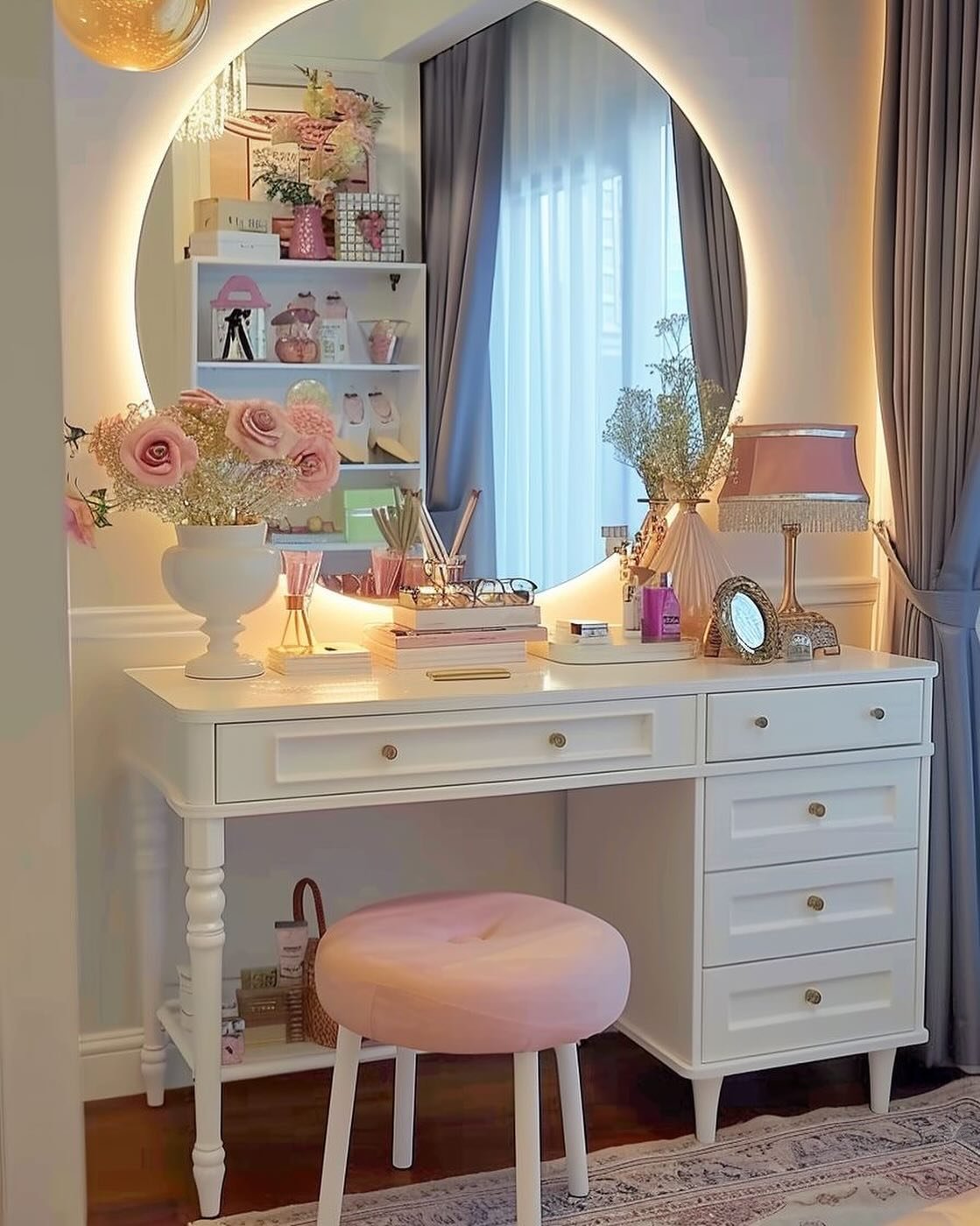 A glamorous white dressing table with turned legs, a large backlit round mirror, a pink velvet stool, and a collection of pink and gold decorative items.