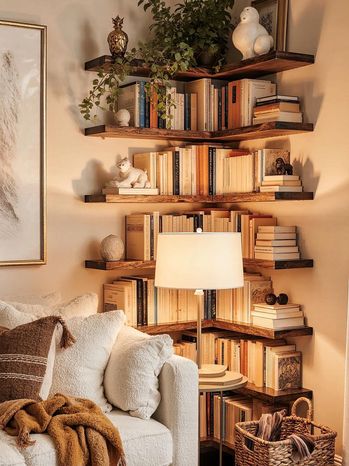 Stack of dark wood L-shaped floating shelves filled with books in a cozy corner.