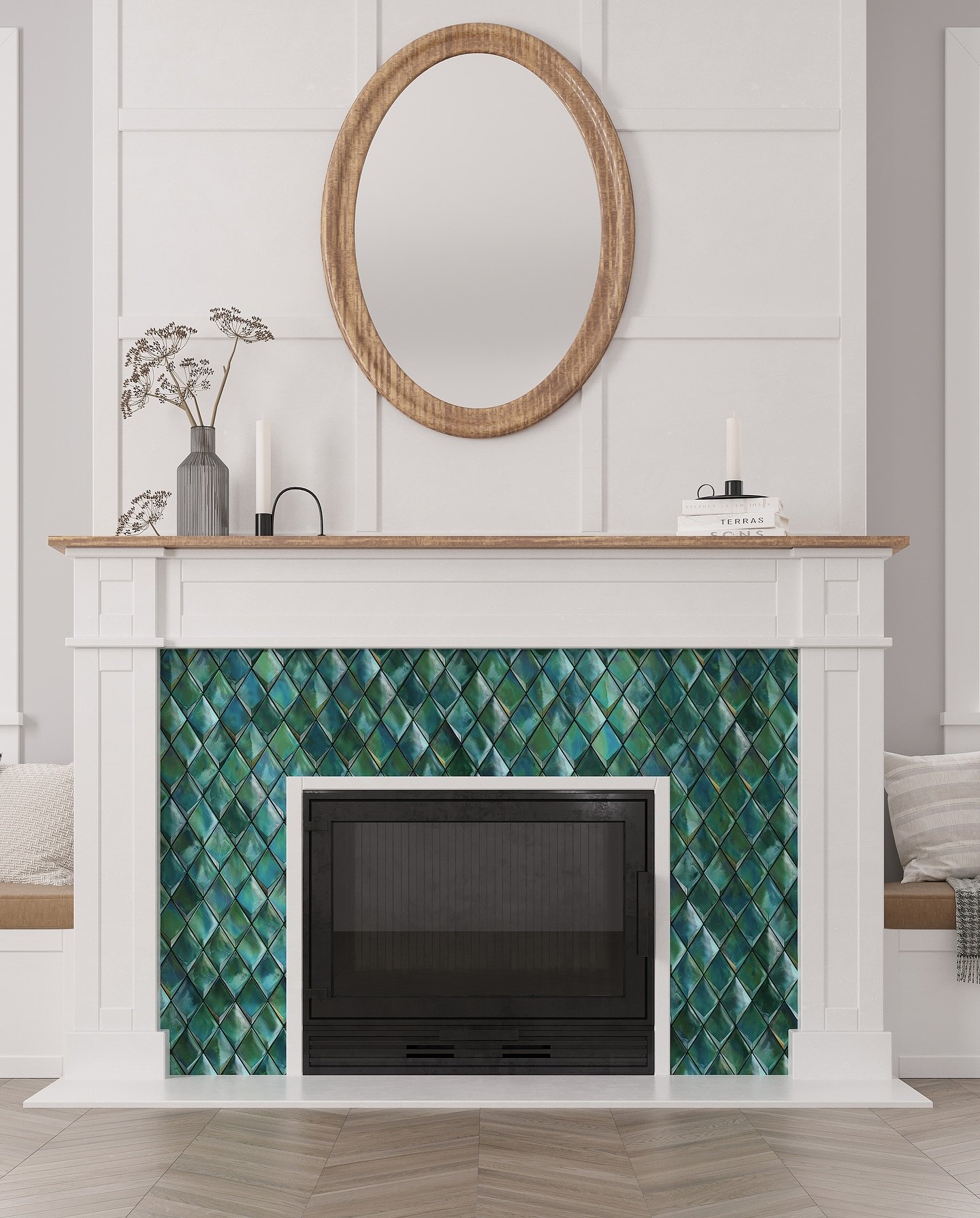 A white fireplace with a natural wood mantel, featuring a surround tiled with deep emerald green, iridescent diamond-shaped mosaic tiles.