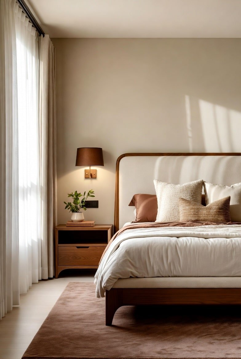 Bedroom featuring a cream upholstered bed, brown wall sconce, and walnut nightstand.