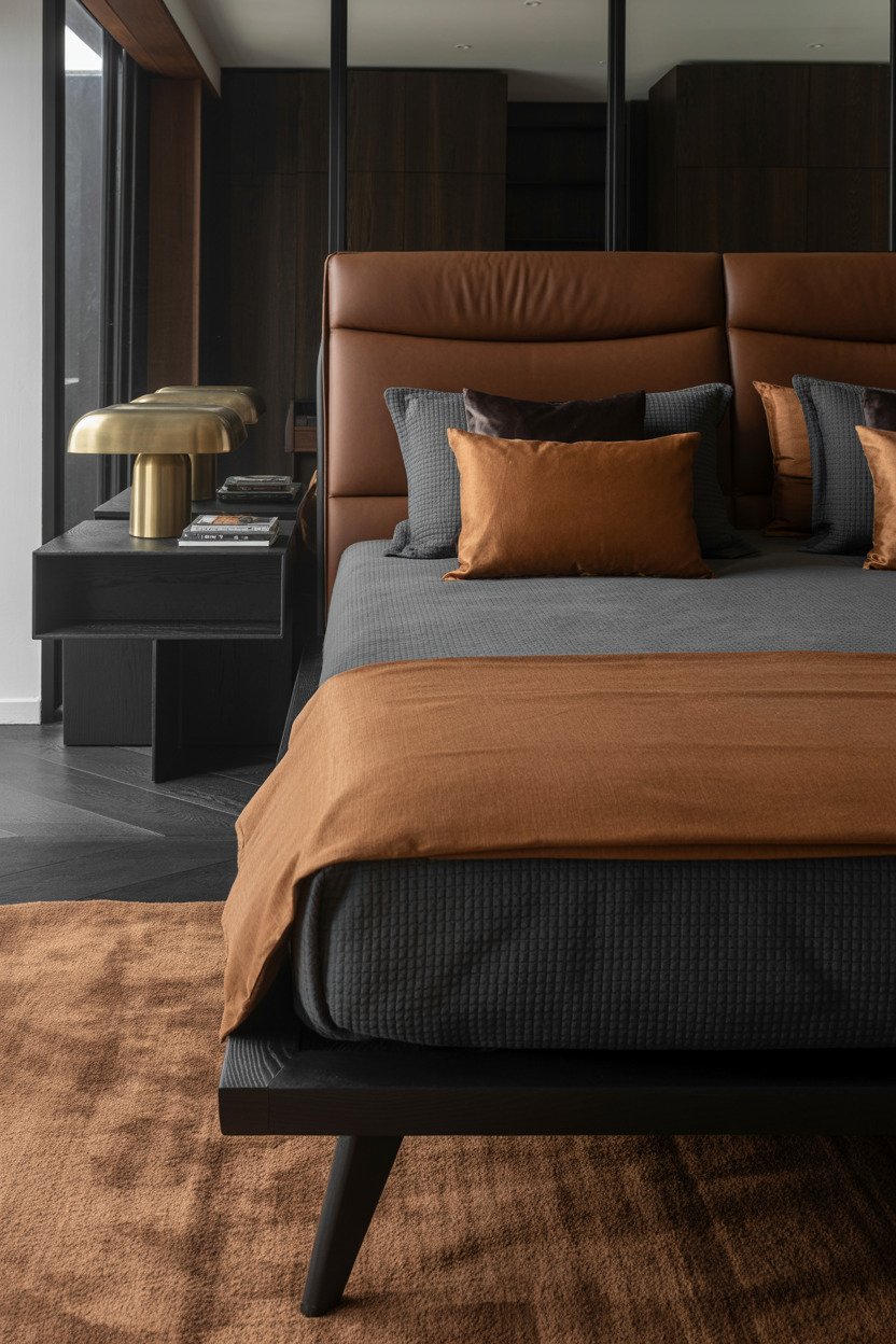 Brown leather bed with gold lamp and black nightstand