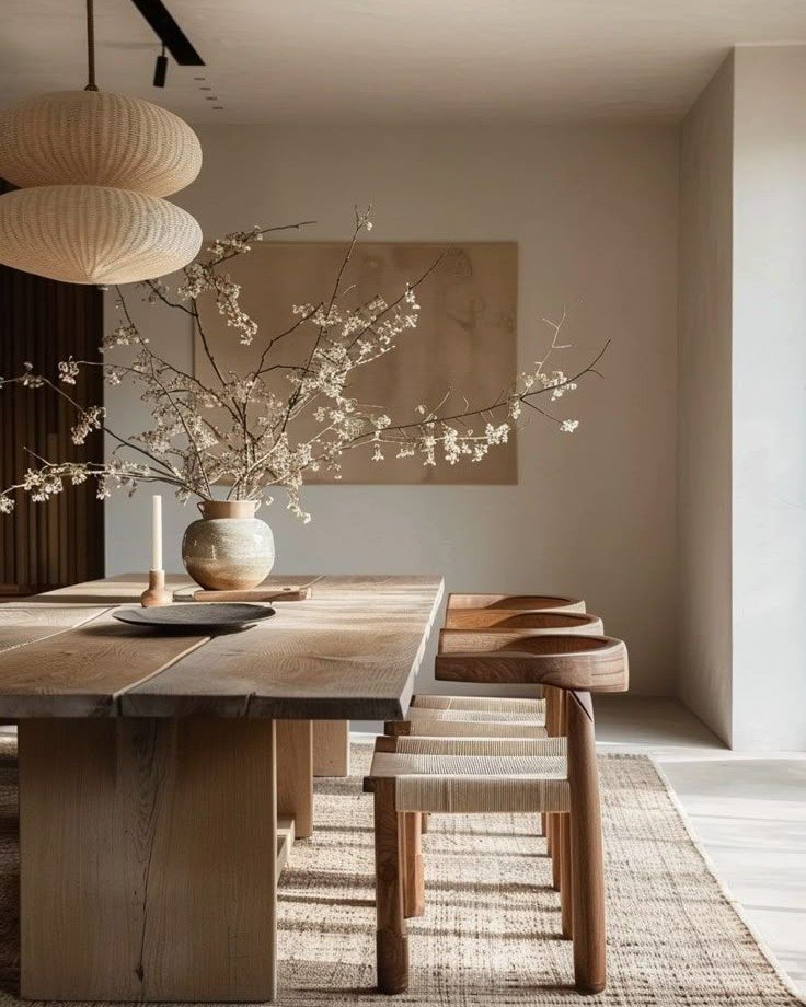 Light oak dining table with split plank top and low back woven chairs