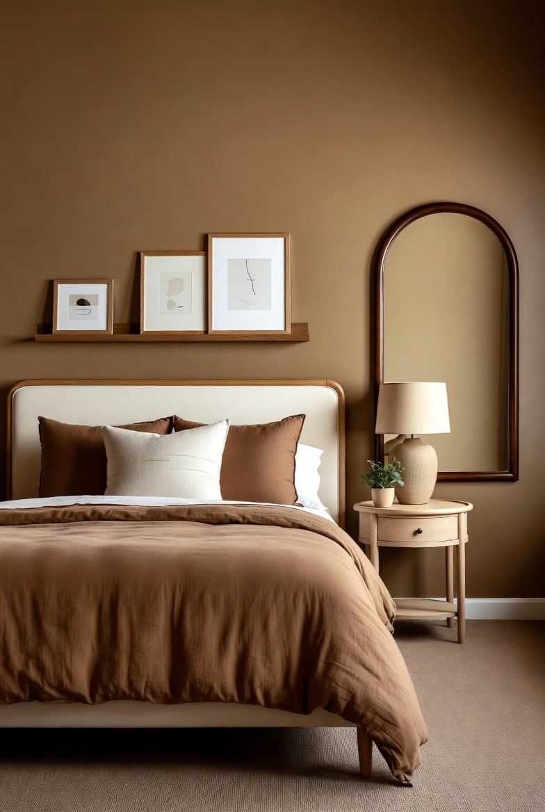 Bedroom with brown walls, gallery shelf above bed, and large arched mirror.
