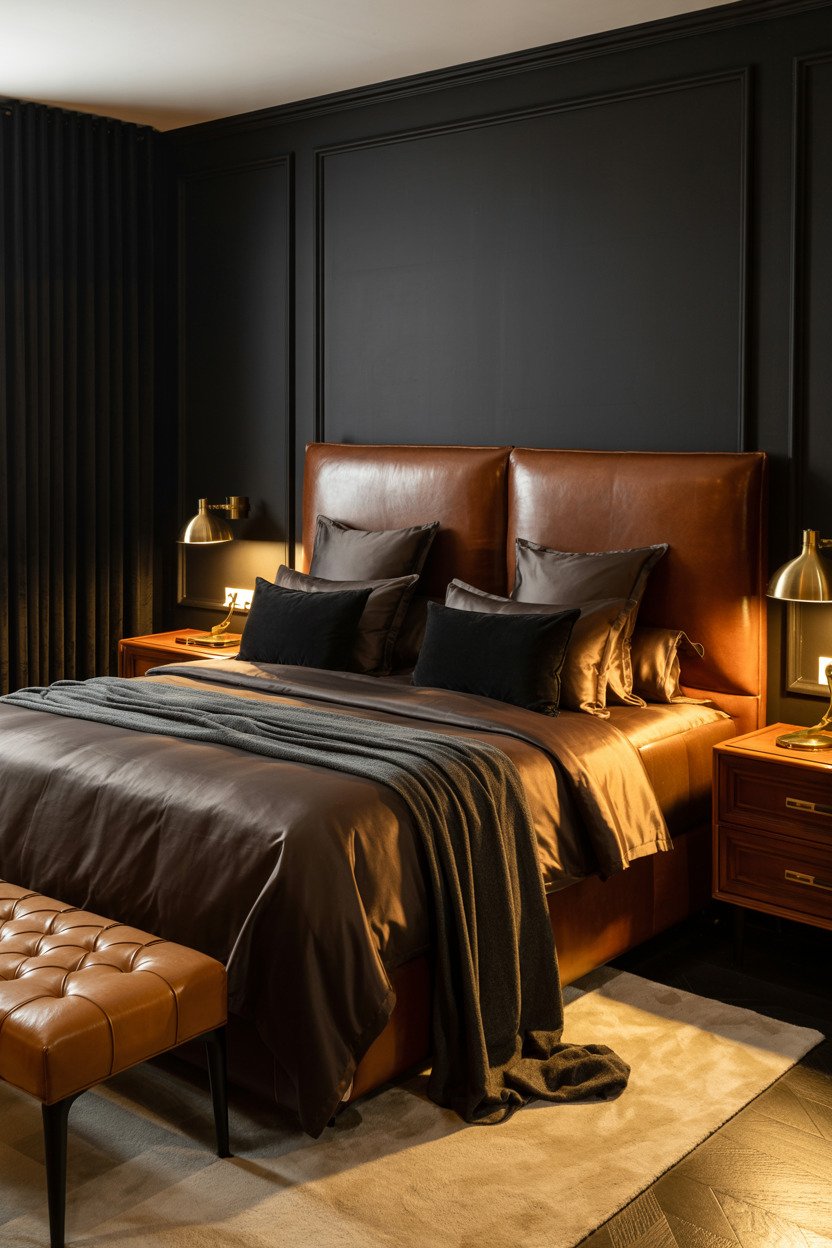 Black bedroom with leather headboard and gold sconces