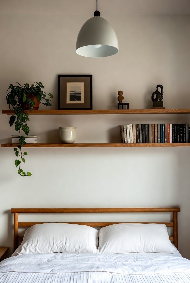 Two parallel wooden shelves above bed with books and hanging plant.