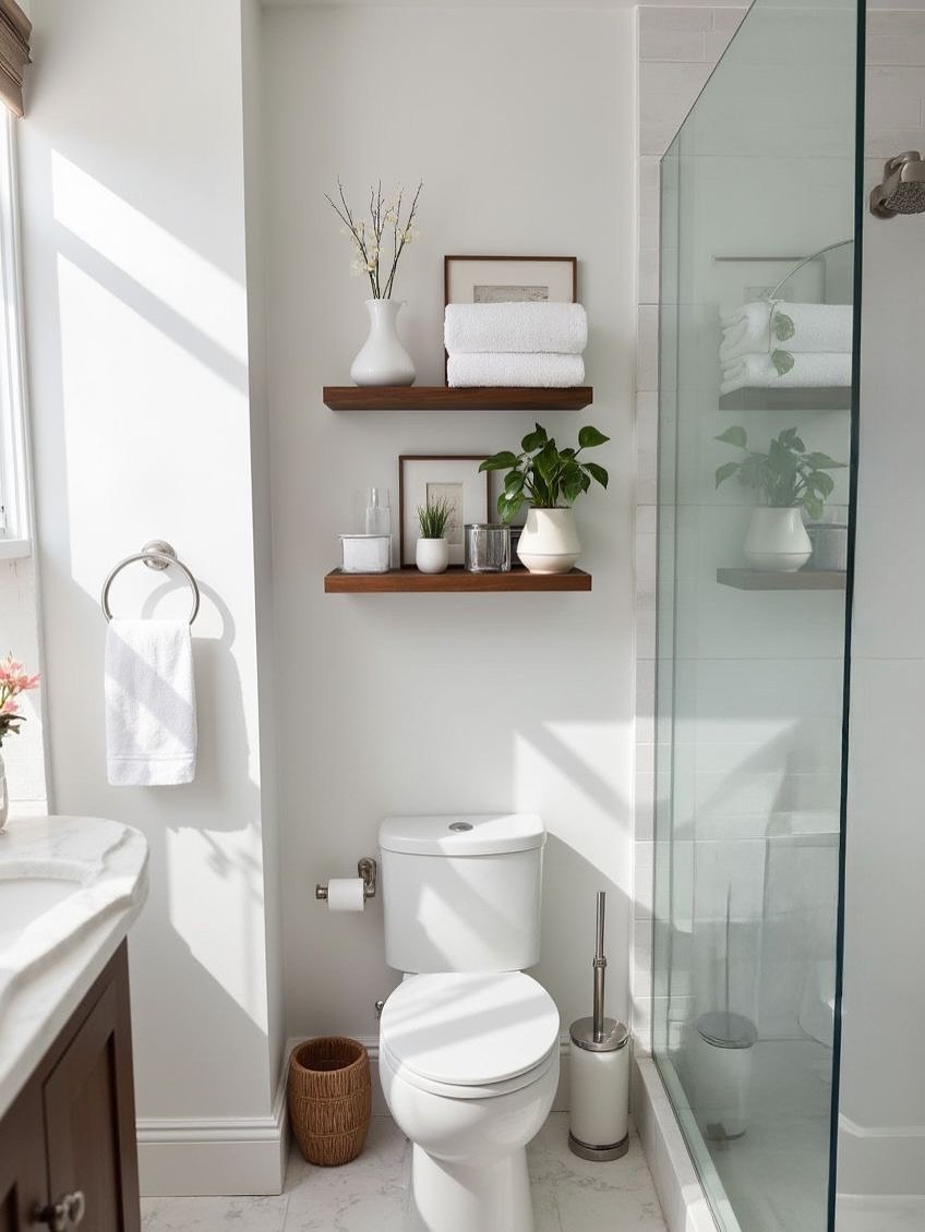 Dark wood floating shelves installed above a toilet and matching shelves installed inside a glass walk-in shower.