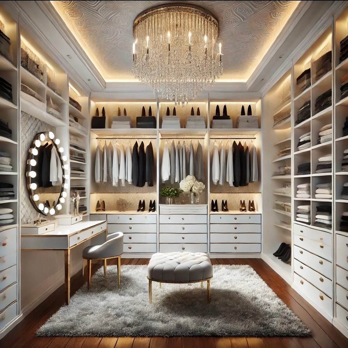 A large, highly illuminated walk-in closet with white cabinets, a central tufted ottoman, a Hollywood-style vanity, and a large crystal chandelier.