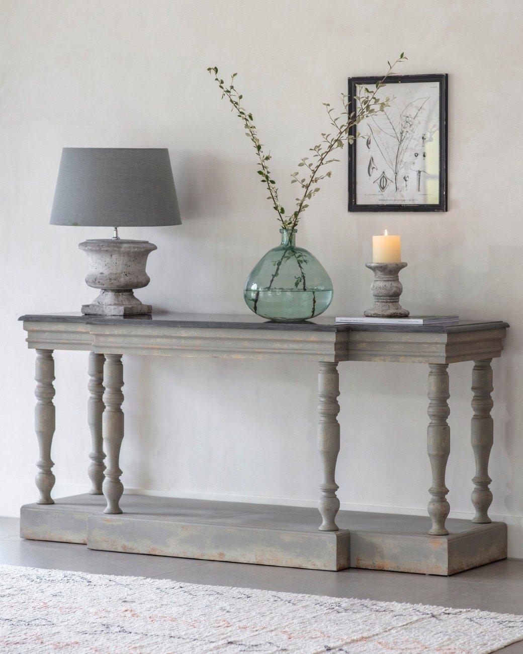 Grey distressed wood hallway table with turned legs