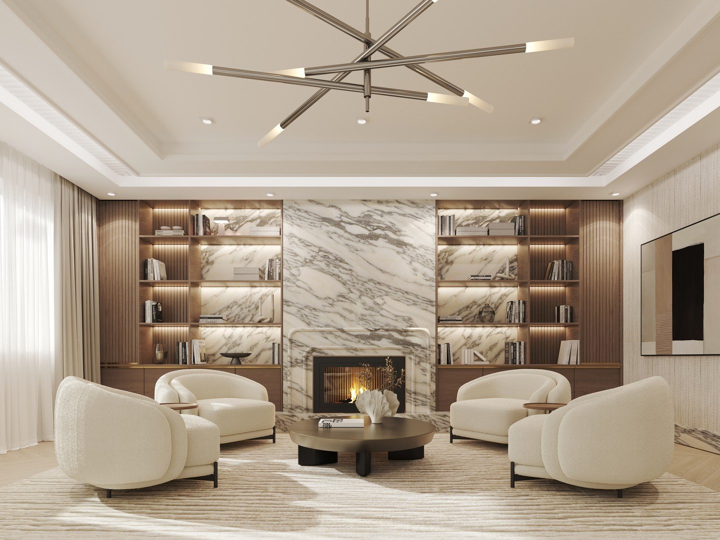 A luxurious living room with four cream armchairs facing a fireplace wall clad in a single, book-matched slab of highly veined white marble.