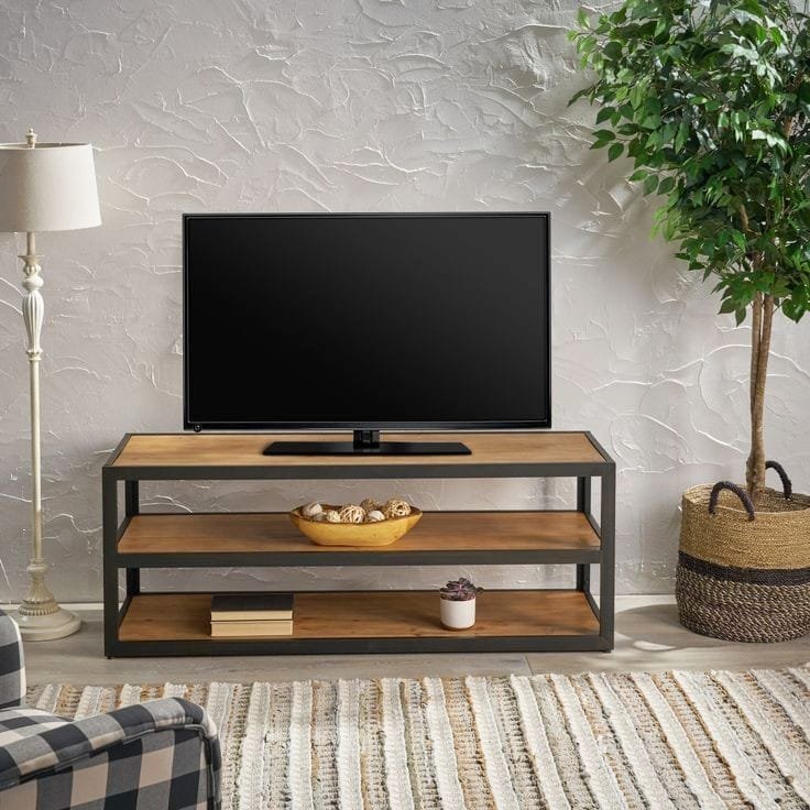 Three-tier wood and black metal TV table