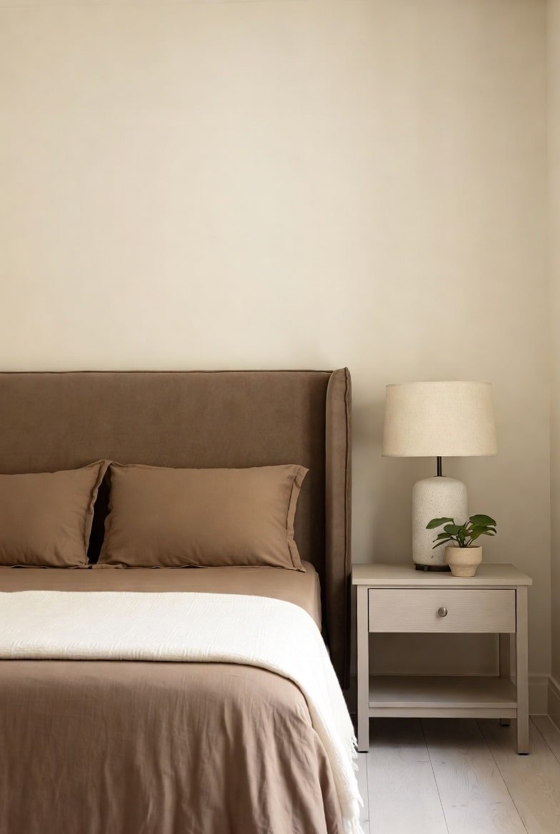Minimalist bedroom with brown wingback bed, matching sheets, and white nightstand.