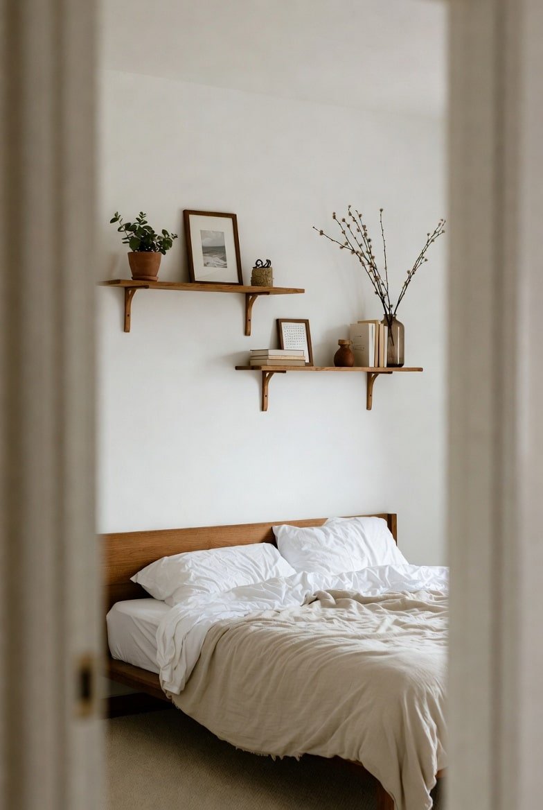 Two staggered wooden shelves above bed with plants and books.