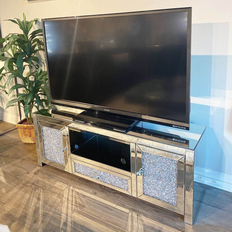 Mirrored TV stand with crystal inlay panels and central open shelf