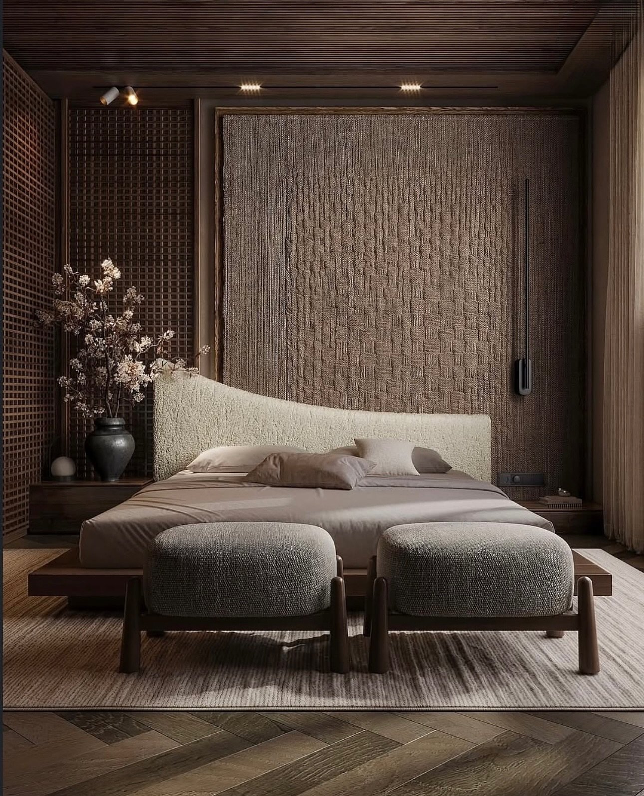 Brown bedroom featuring a woven textured wall, asymmetrical cream headboard, and dark wood lattice screen