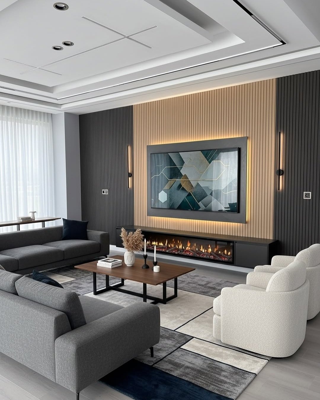 Modern TV wall featuring vertical wood slats, color blocking, and LED backlighting