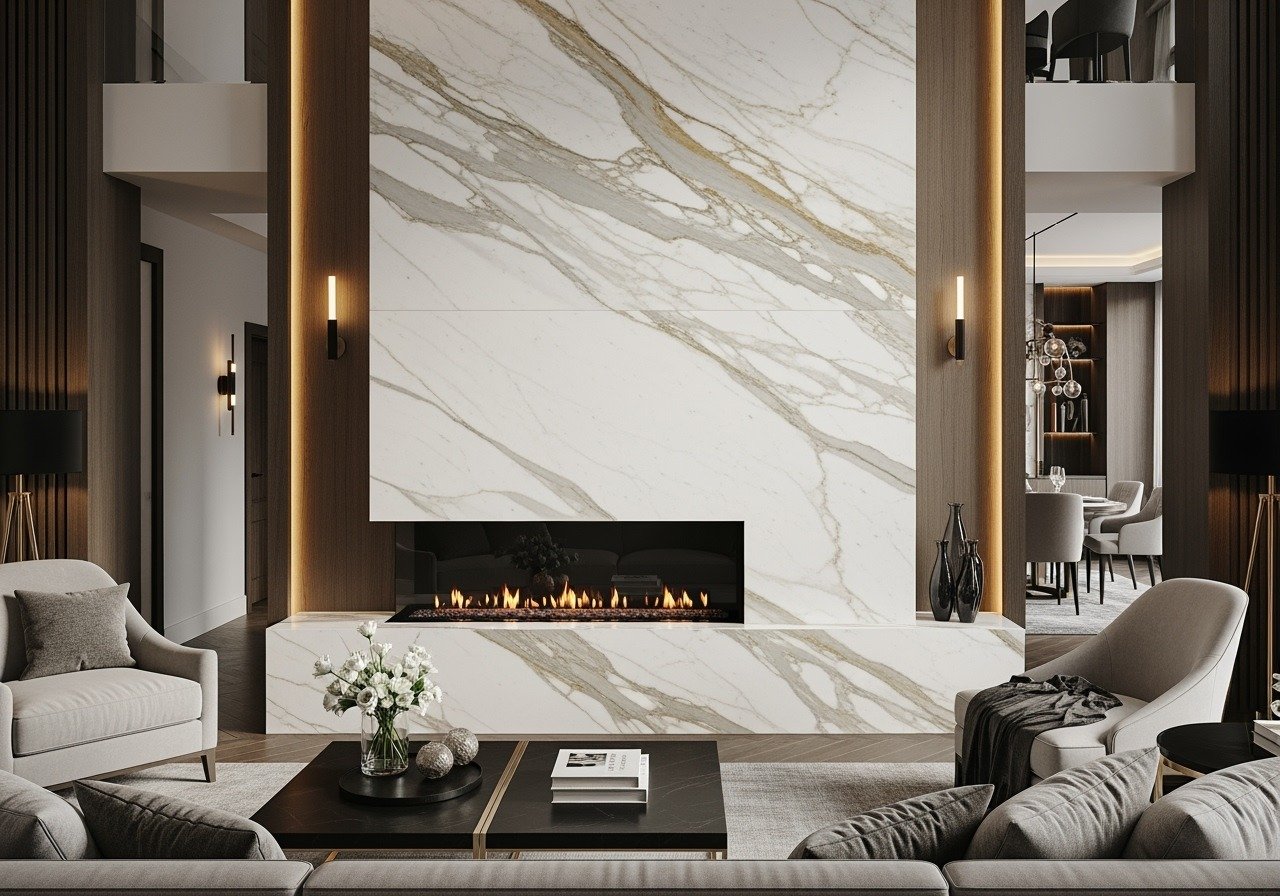 A modern living room with a long, linear electric fireplace set into a floor-to-ceiling slab of white marble with striking gold and grey veining.