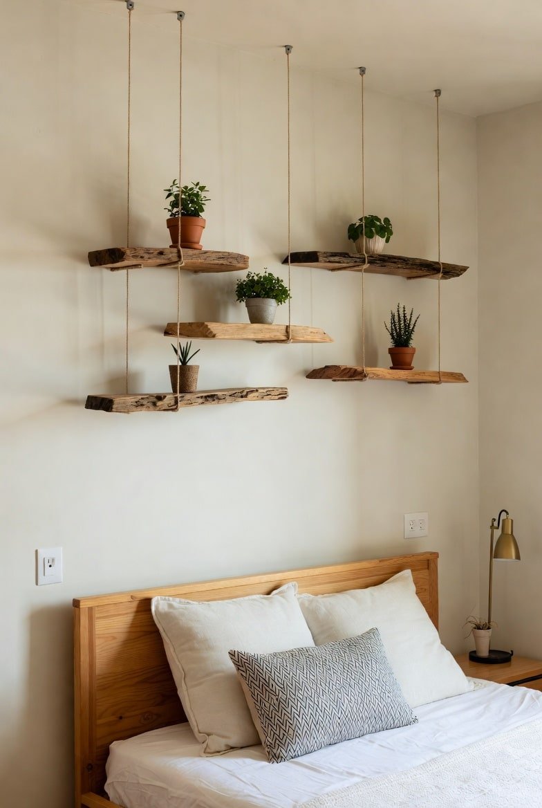 Hanging wooden shelves on ropes with plants above bed.