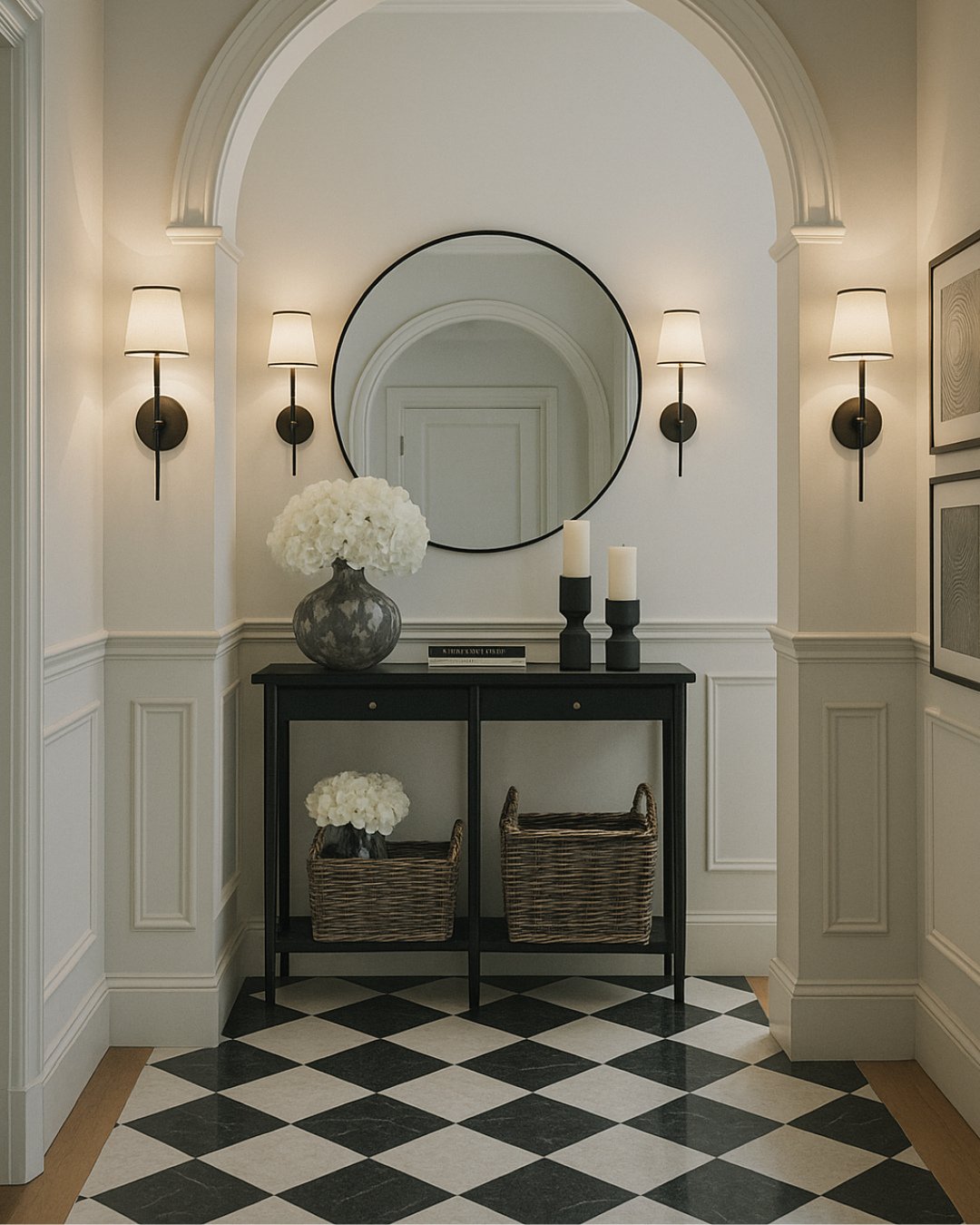 Black hallway table in arched alcove with checkered floor