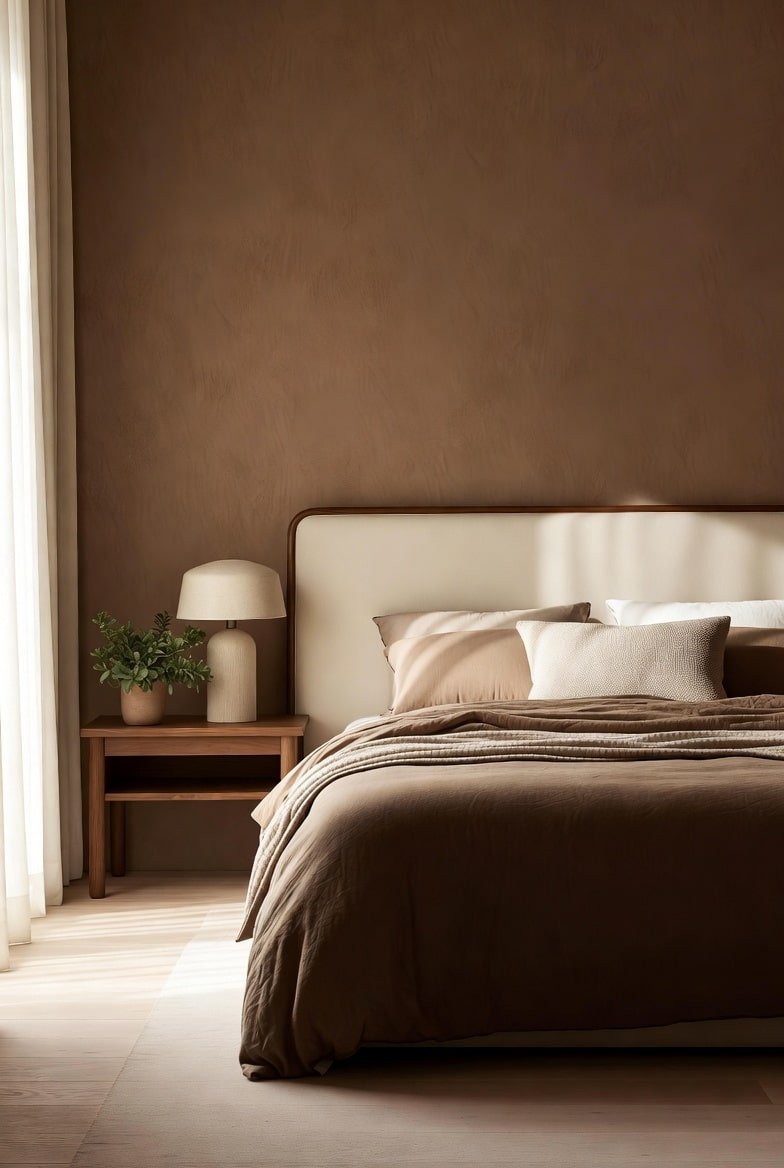 Minimalist bedroom featuring a textured brown wall, cream headboard, and mushroom lamp.