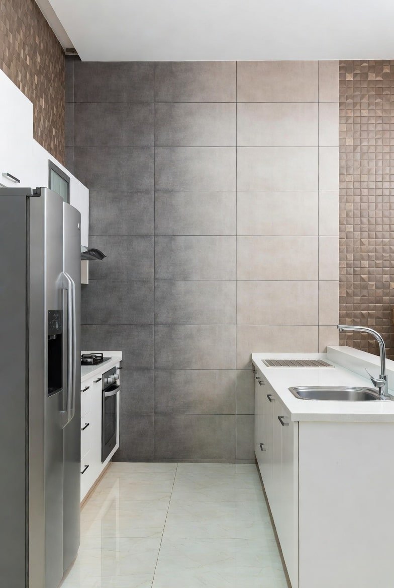 Kitchen featuring a grey and beige gradient tile accent wall