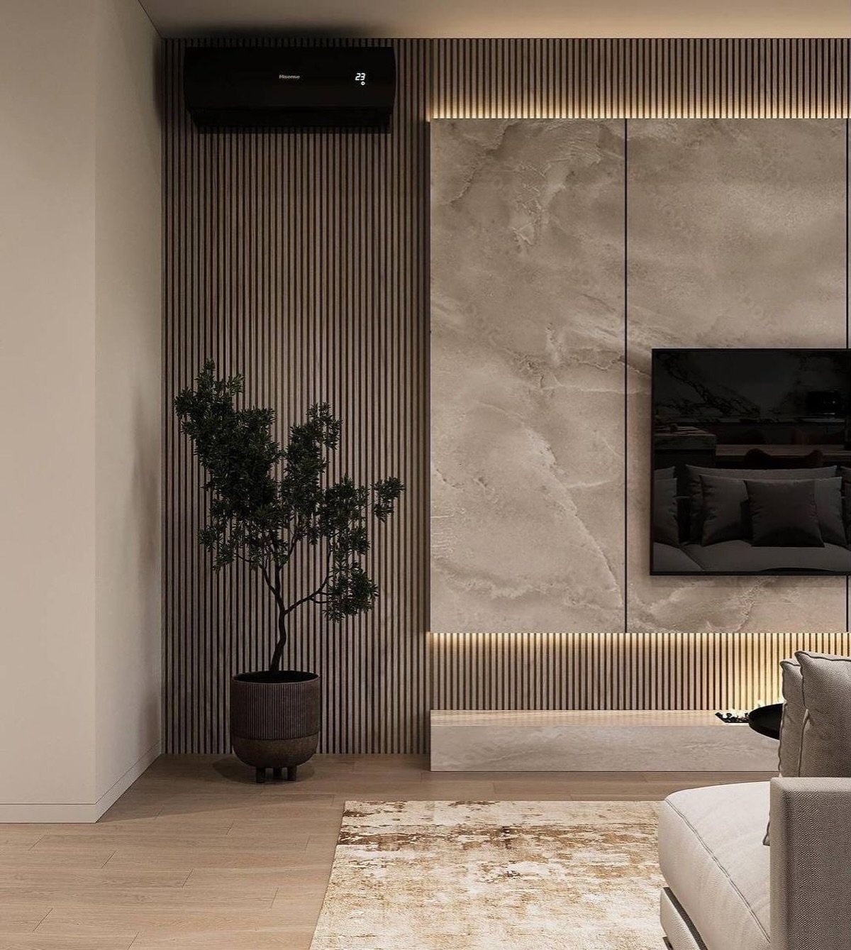 Vertical wood slat TV wall with backlit marble panels.