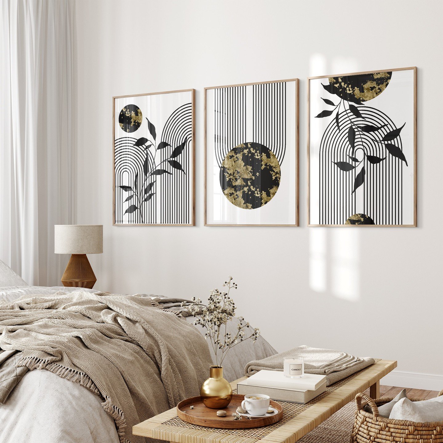 Bedroom accent wall featuring three black and gold geometric botanical art prints
