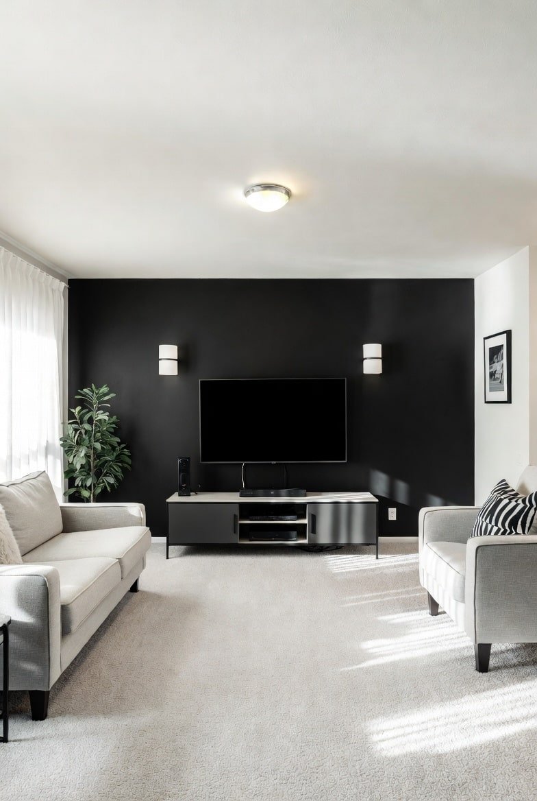 Living room with a matte black accent wall behind a flat screen TV.