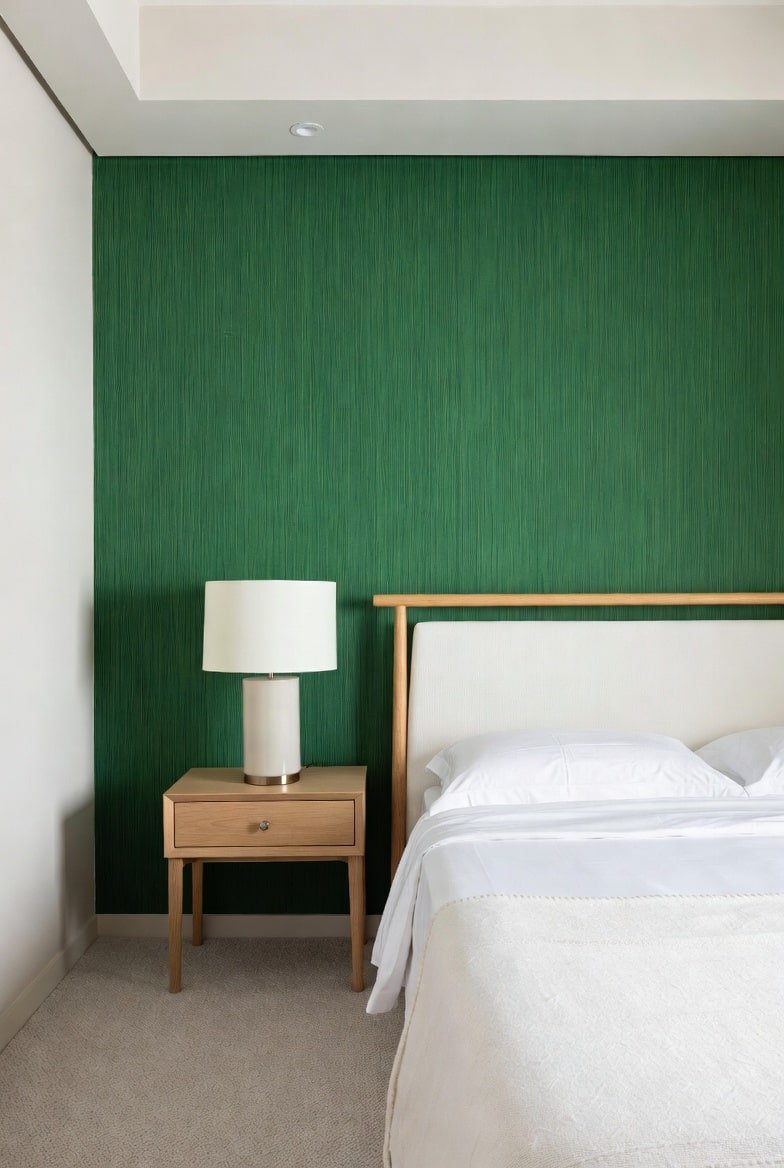 Vibrant green grasscloth wallpaper accent wall behind a white and light wood bed frame.
