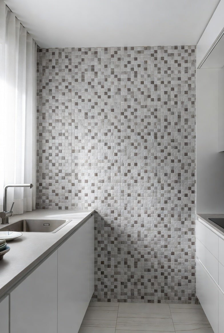 Kitchen featuring a grey and white mosaic tile accent wall behind the sink