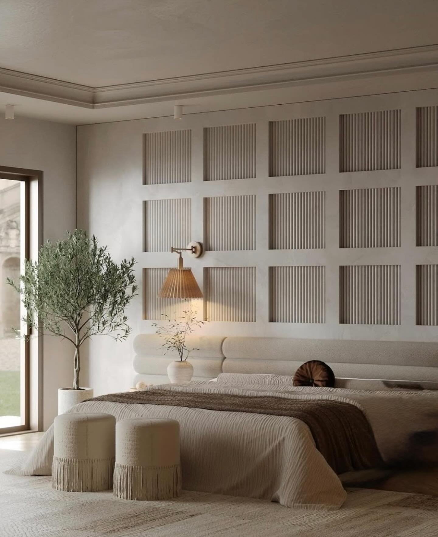 Beige bedroom accent wall featuring a grid of recessed squares filled with vertical fluted texture.