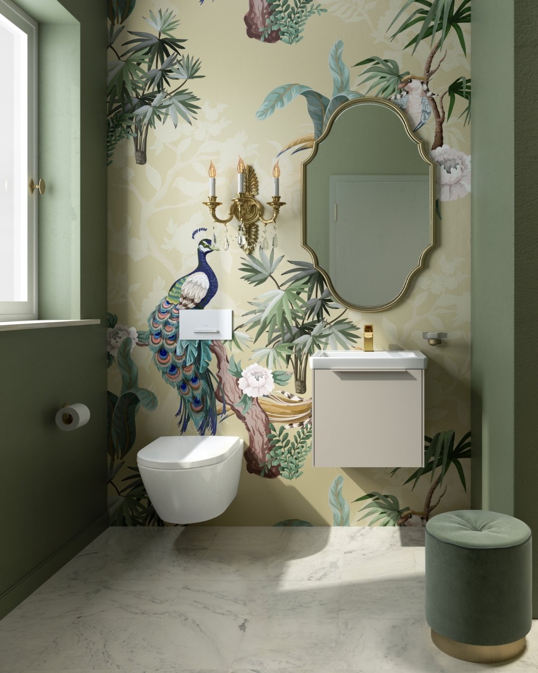 Bathroom accent wall decor featuring peacock wallpaper and ornate gold mirror
