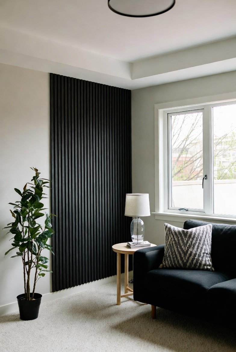 Corner of a living room featuring a partial vertical black slat accent wall, a potted plant, and a dark sofa.
