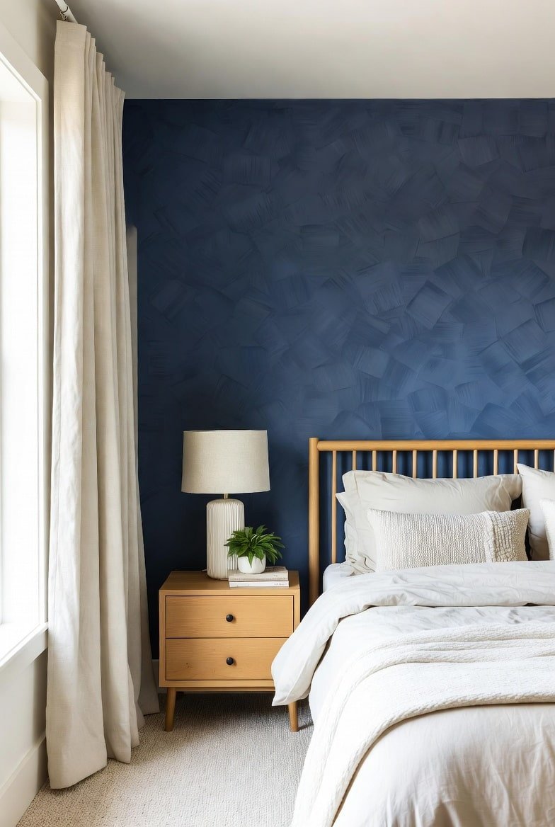 Navy blue textured accent wall with cross-hatch brushstrokes behind light wood spindle bed