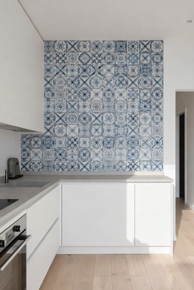 Kitchen featuring a blue and white floral pattern tile accent wall