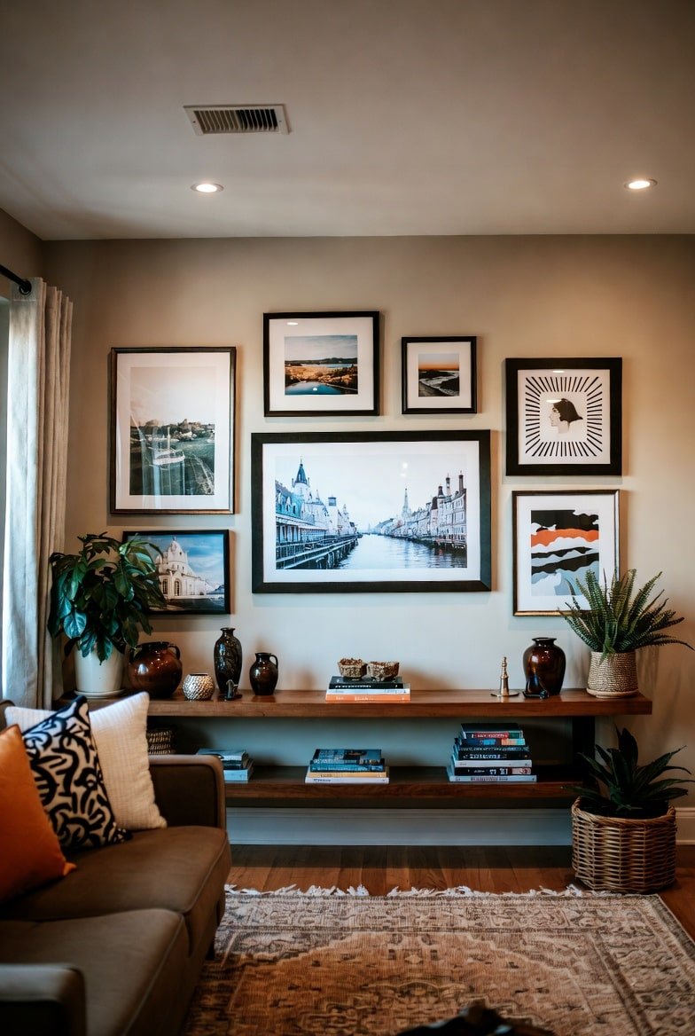 Beige living room wall featuring a mixed gallery of framed art prints above a wooden console table.