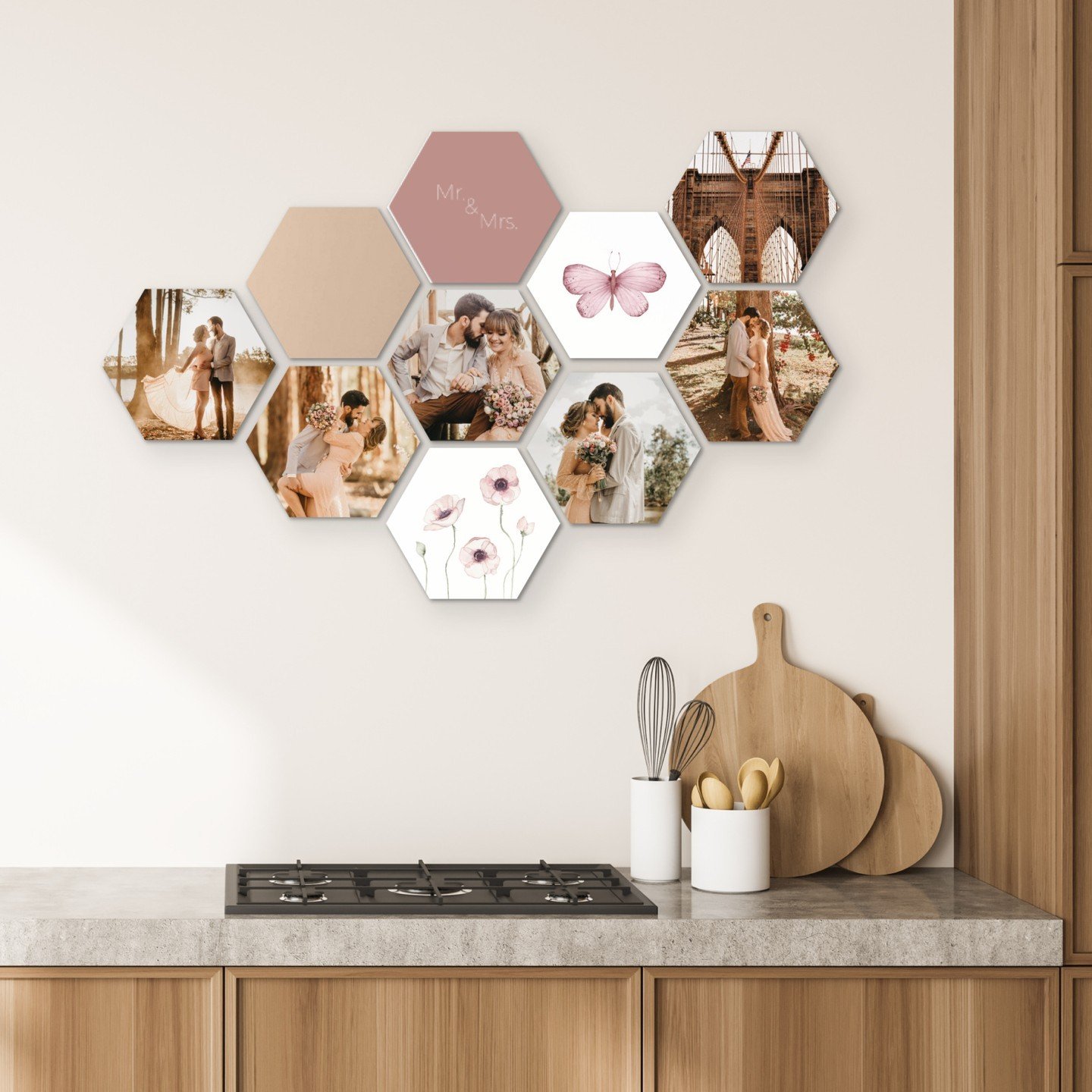 Kitchen wall featuring hexagon-shaped photo tiles of a wedding couple and nature prints