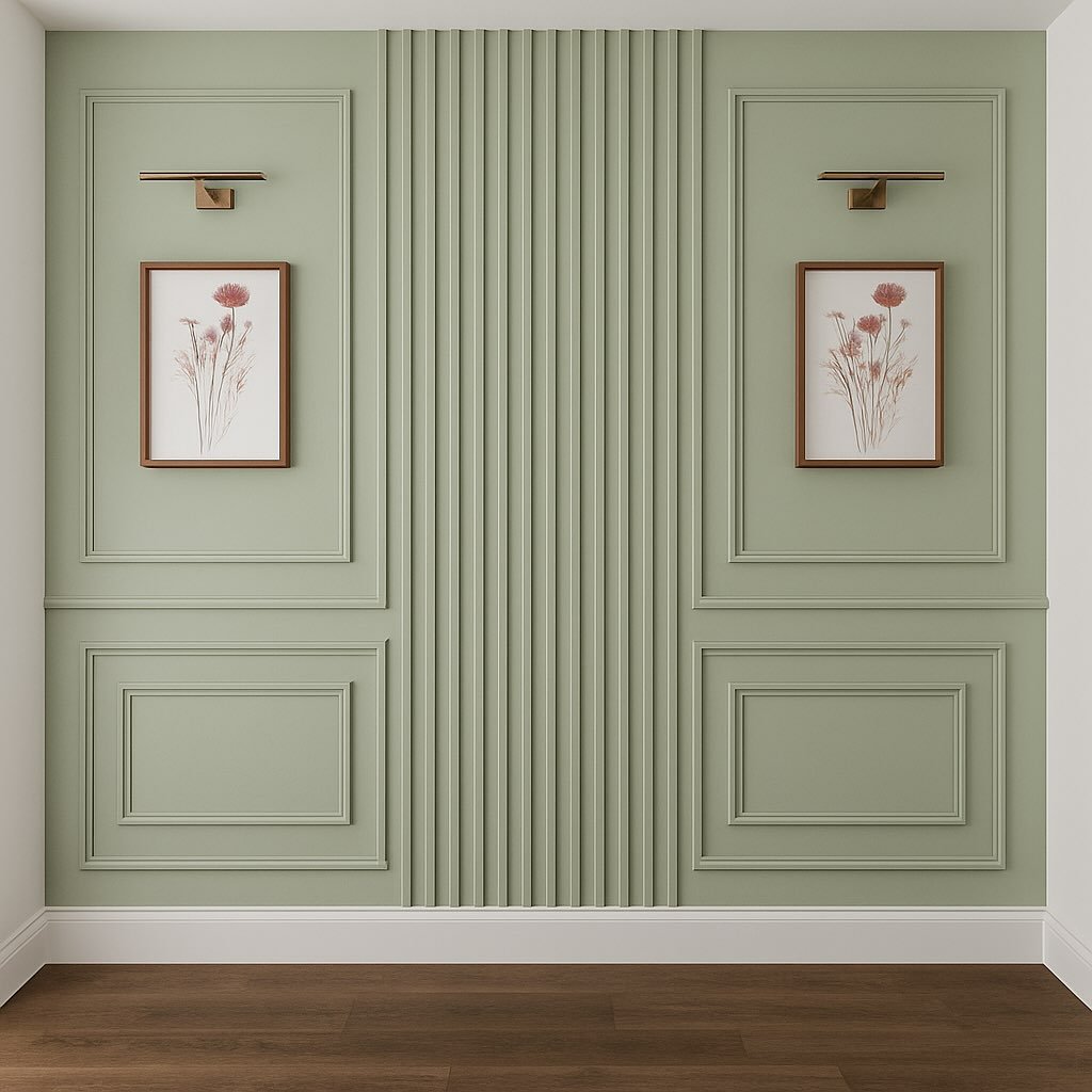 Sage green accent wall combining central vertical slats with classic picture frame molding and botanical art.