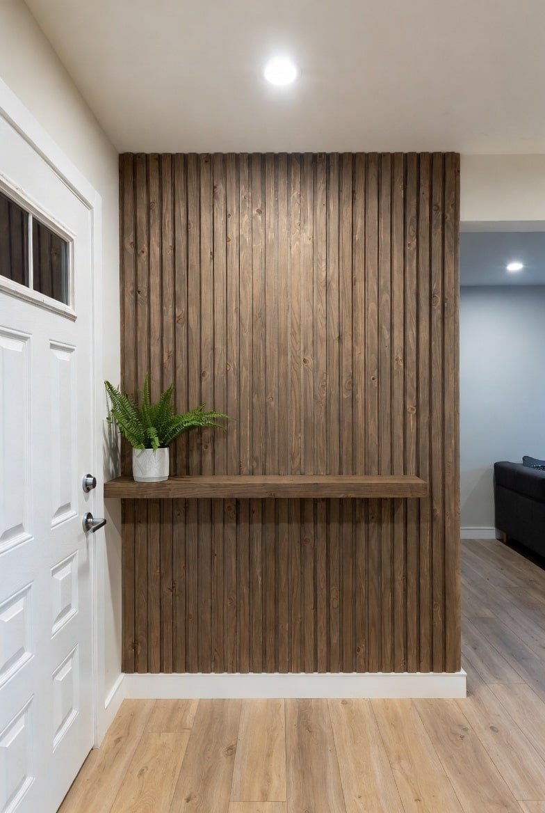 Vertical wood slat accent wall in an entryway featuring a built-in floating shelf.