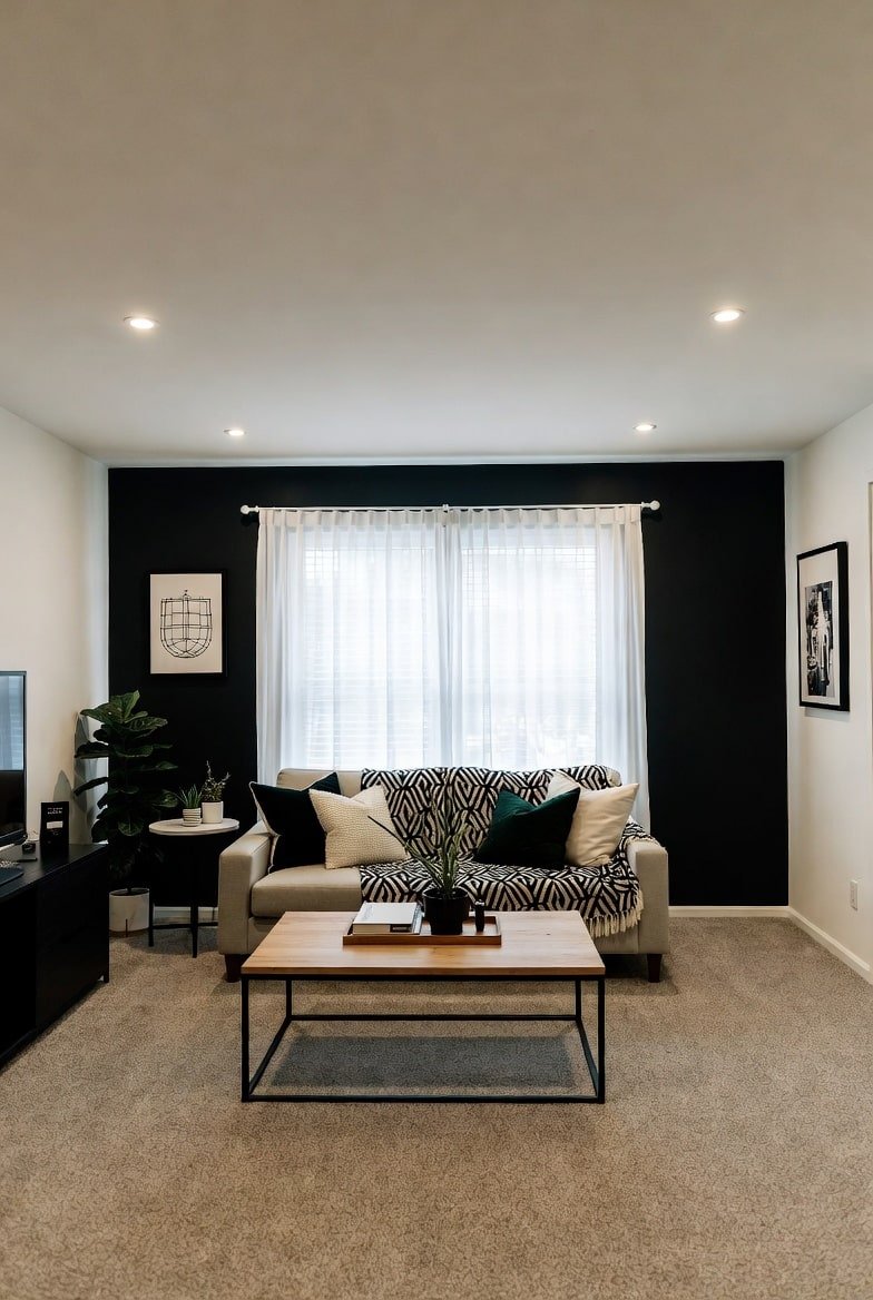 Living room featuring a matte Black Accent Wall with a central window, white curtains, and a beige sofa