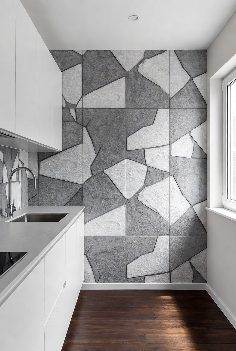 Kitchen featuring a grey and white geometric stone pattern accent wall